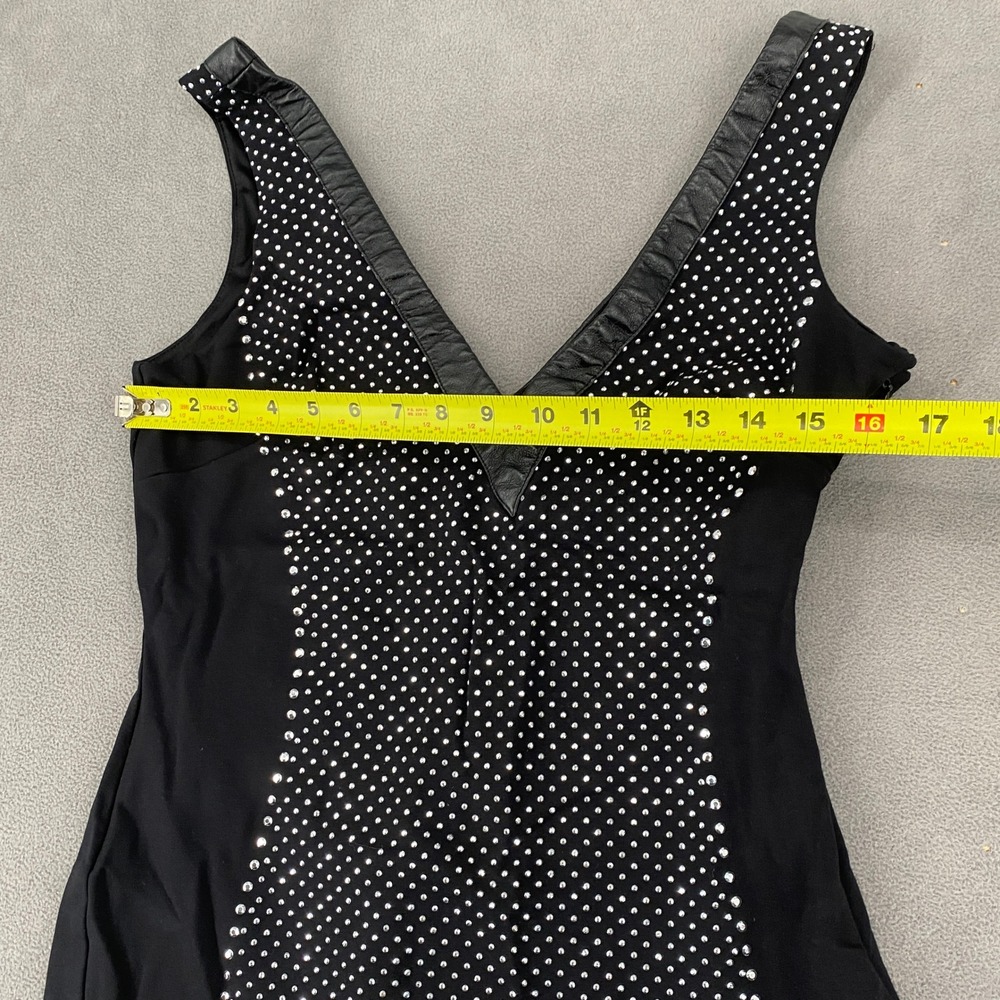 Bebe Black Studded V-Neck Bodycon Dress Y2K Gothic Faux Leather Trim Medium - Picture 3 of 8
